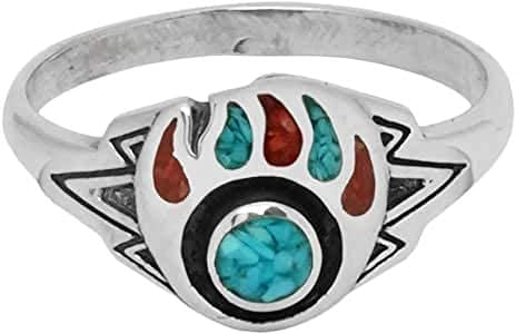 Indianerschmuck Ring Bärentatze Türkis Koralle Bear Paw Navajo Style Westernschmuck Indianerring Silver Fox (57 (18.1)) von SILVERFOX