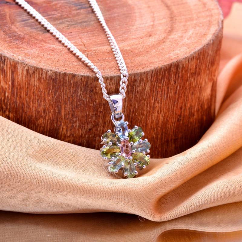 Aaa+ Multi Turmalin Sterling Silber Statement Anhänger ~ Edelstein 925 Blume Handmade Halskette Schmuck Str26 von SilverGlareJewelry
