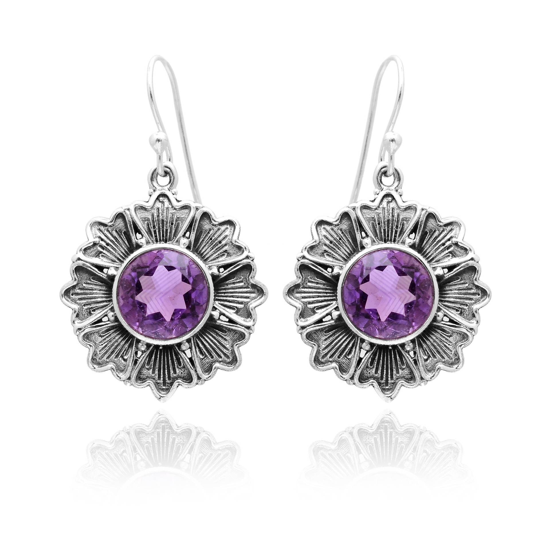 Aaa+ Natürlicher Amethyst 925 Sterling Silber Oxidiert Rund Blumen Form Ohrring ~ Edelstein Handgemacht Schmuck Geschenk Für Sie von SilverGlareJewelry