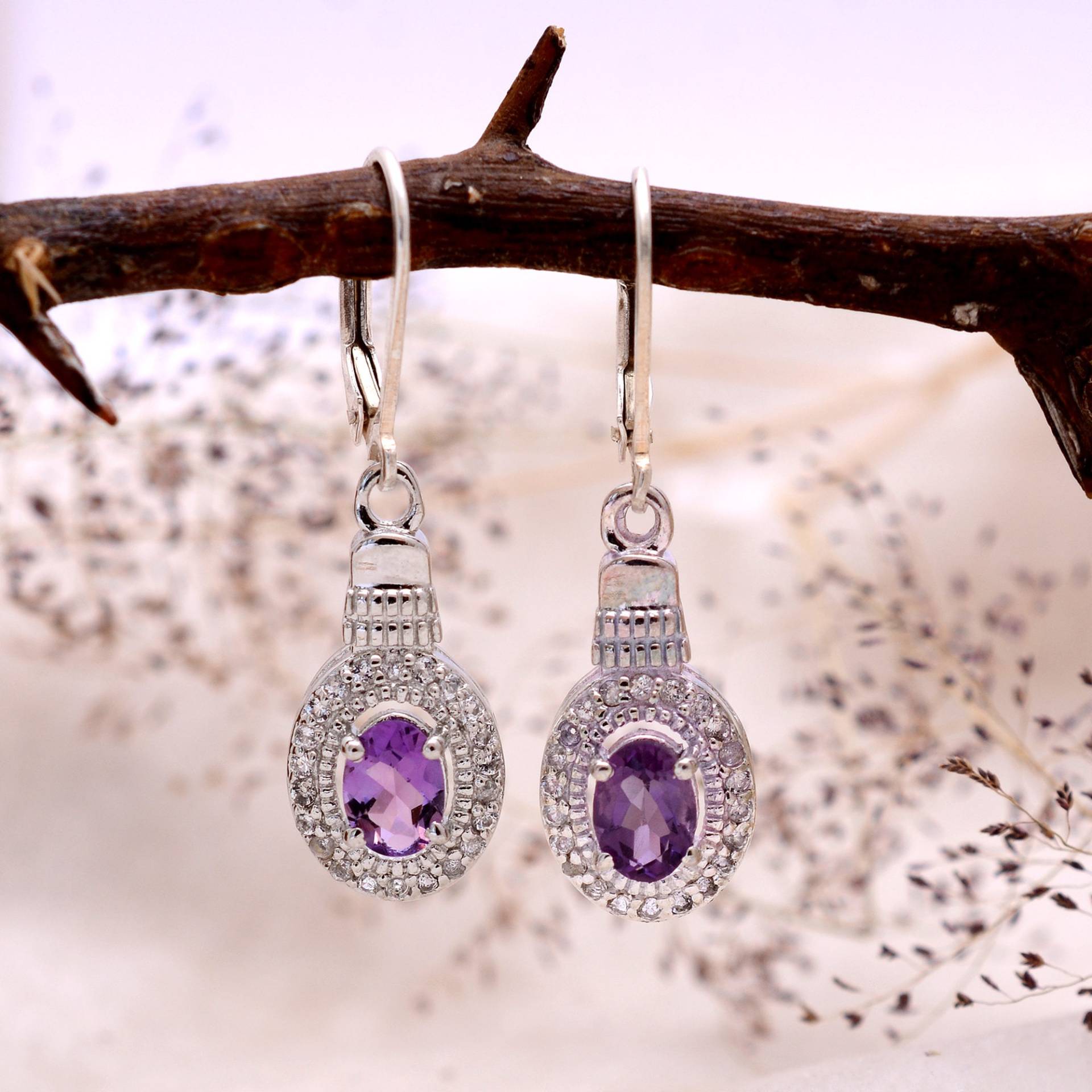 Amethyst Edelstein 925 Sterling Silber Fancy Oval Ohrringe ~ Aaa+ Natürlicher Baumeln Feine Handgemachte Paar Lever Back Hook 568 von SilverGlareJewelry