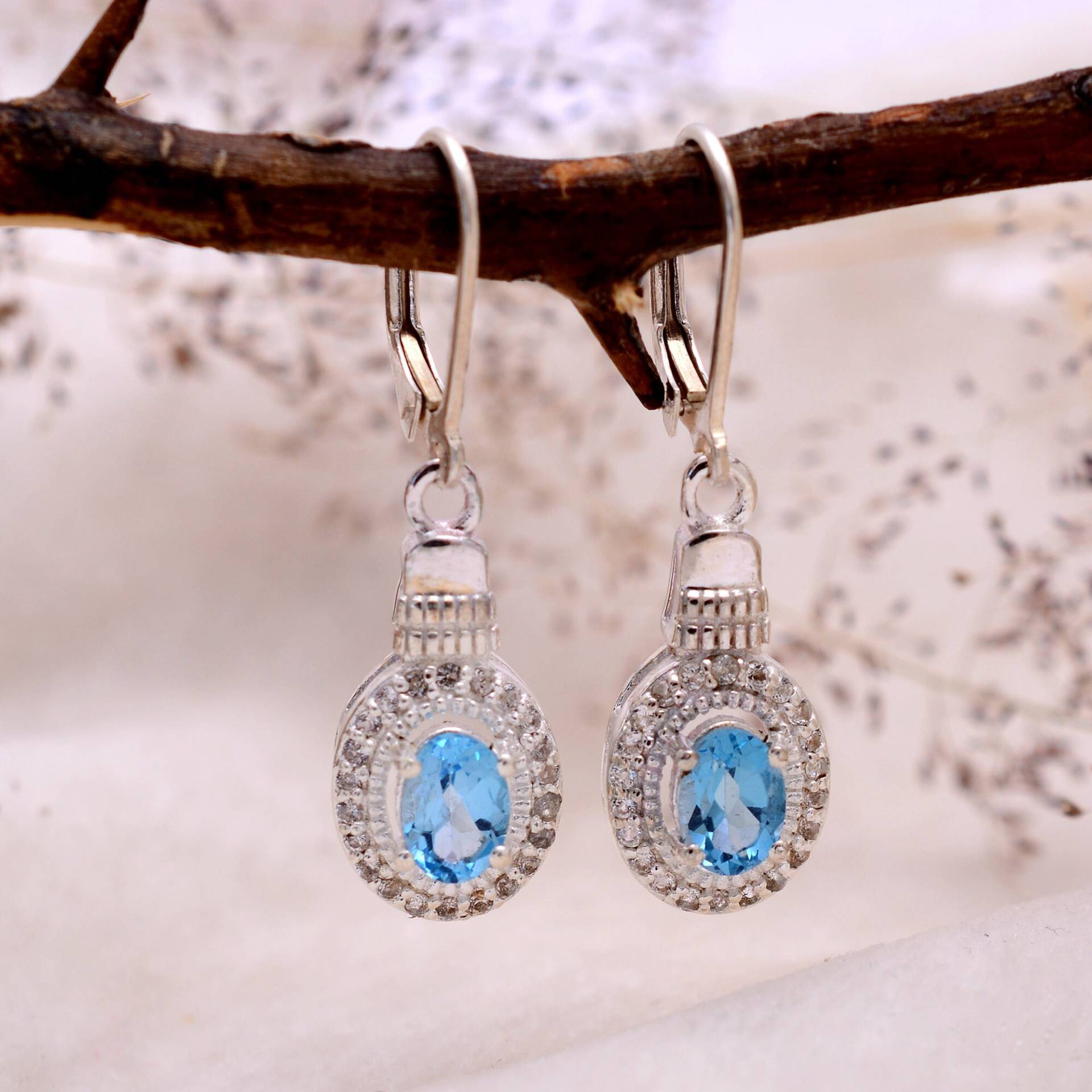 Himmelblauer Topas Edelstein 925 Sterling Silber Ovale Ohrringe ~ Natürlicher Blautopas Baumeln Feine Handgemachte Paar Hebelhaken 568 von SilverGlareJewelry