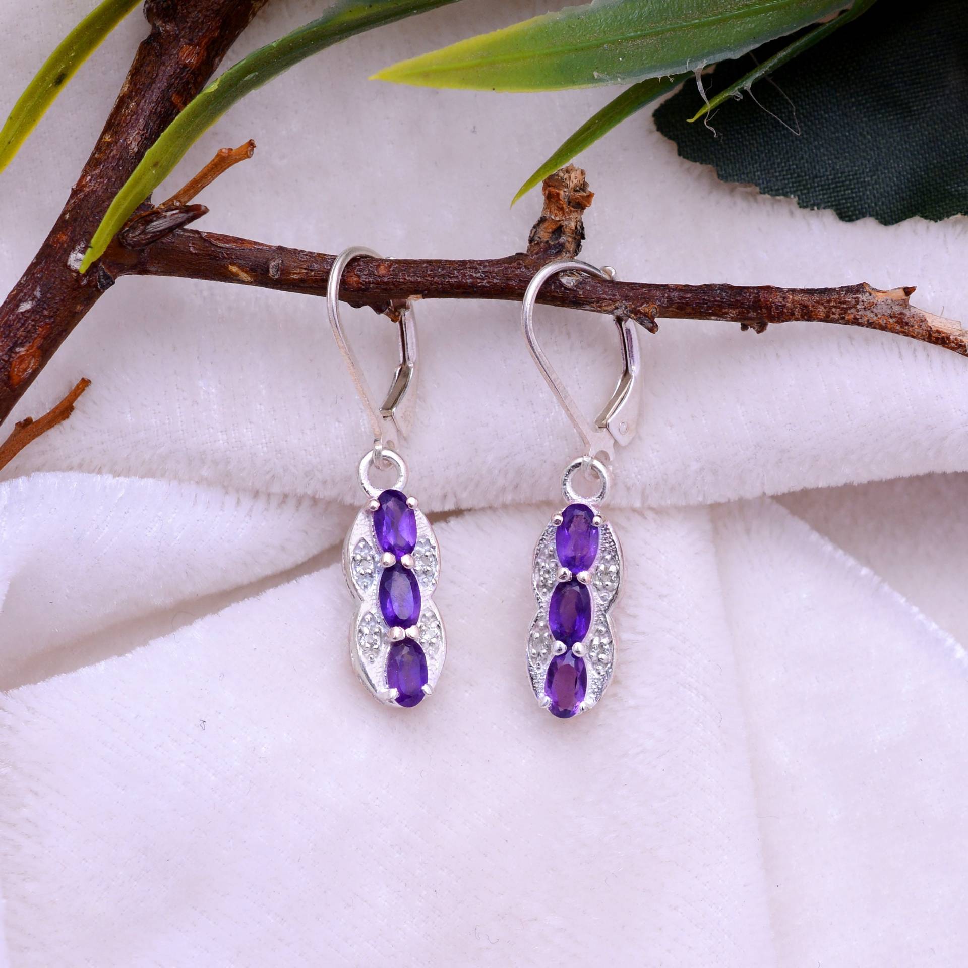 Natürlicher Amethyst 925 Sterling Silber Fancy Ohrringe ~ Edelstein Baumeln Handgemachte Feine Paar Hebelhaken 647 von SilverGlareJewelry