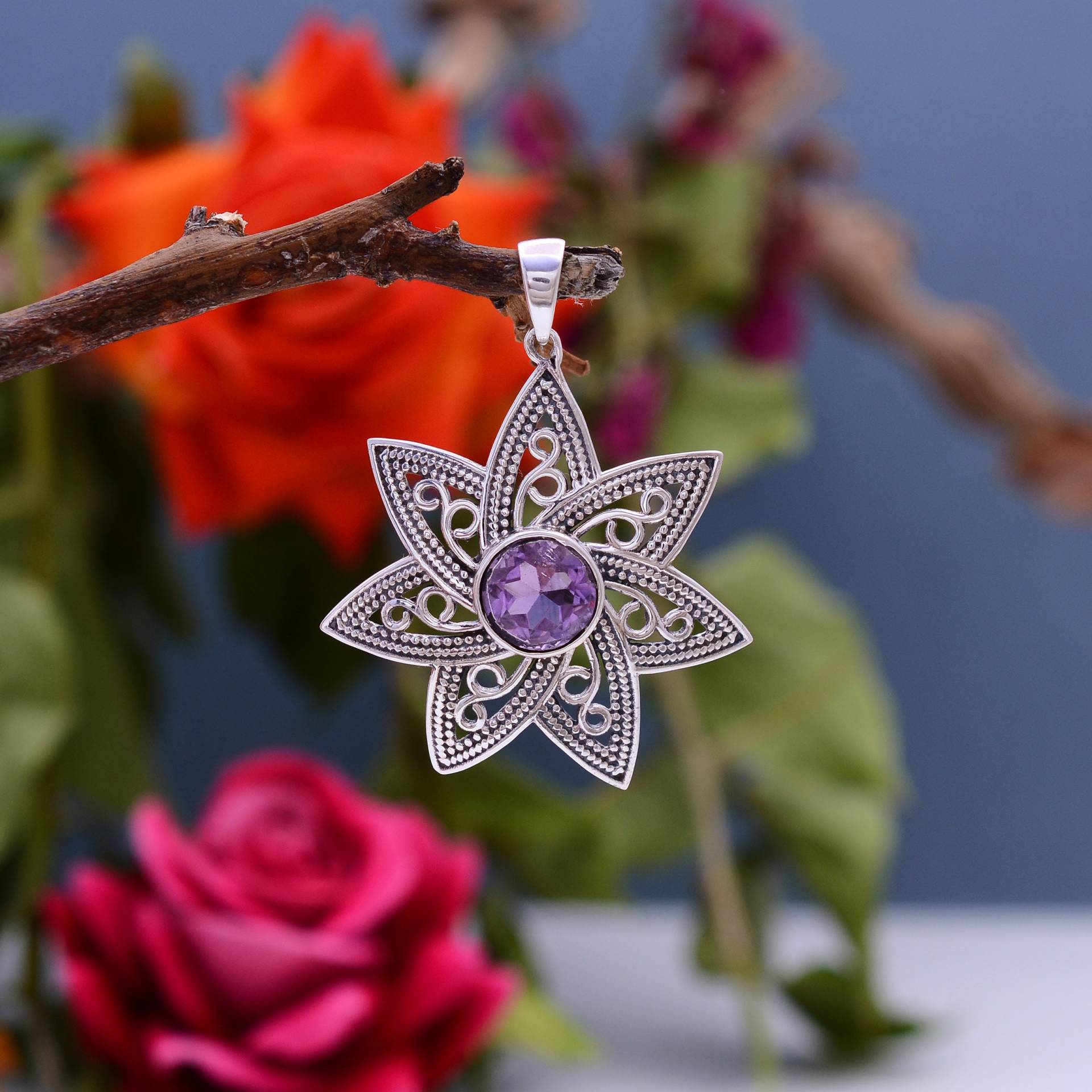 Natürlicher Amethyst Edelstein Sterling Silber Oxidiert Fancy Blumen Form Anhänger ~ 925 Halskette Feine Handgemachte Schmuck Geschenke von SilverGlareJewelry