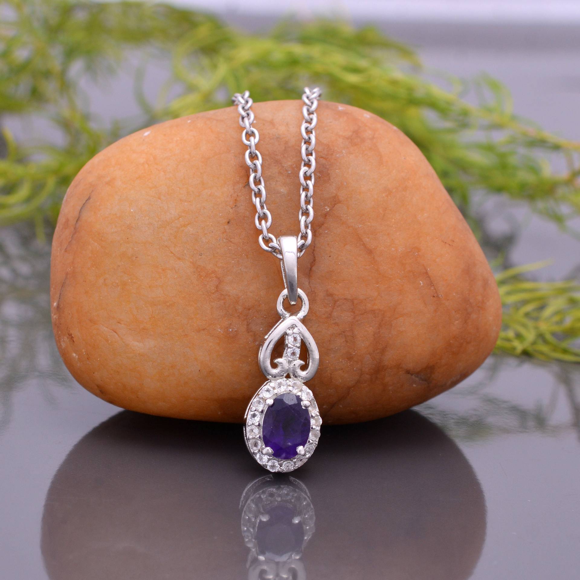 Natürlicher Lila Amethyst 925 Sterling Silber Oval Anhänger ~ Handgemacht Fein Halskette Schmuck Geschenk Ssp12 von SilverGlareJewelry