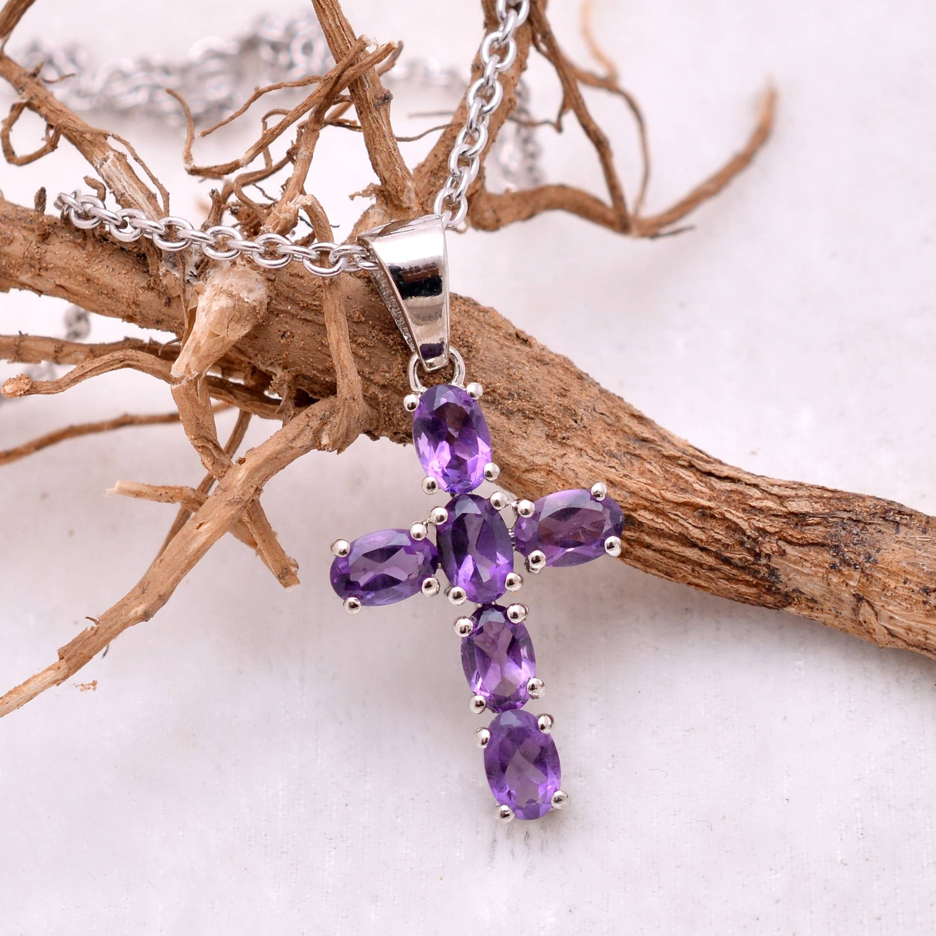 sterling Silber Natur Lila Amethyst Edelstein Kreuz Anhänger ~ Handgemachte Halskette Hochzeit Schmuck Geschenk Für Frauen ~Februar Geburtsstein von SilverGlareJewelry