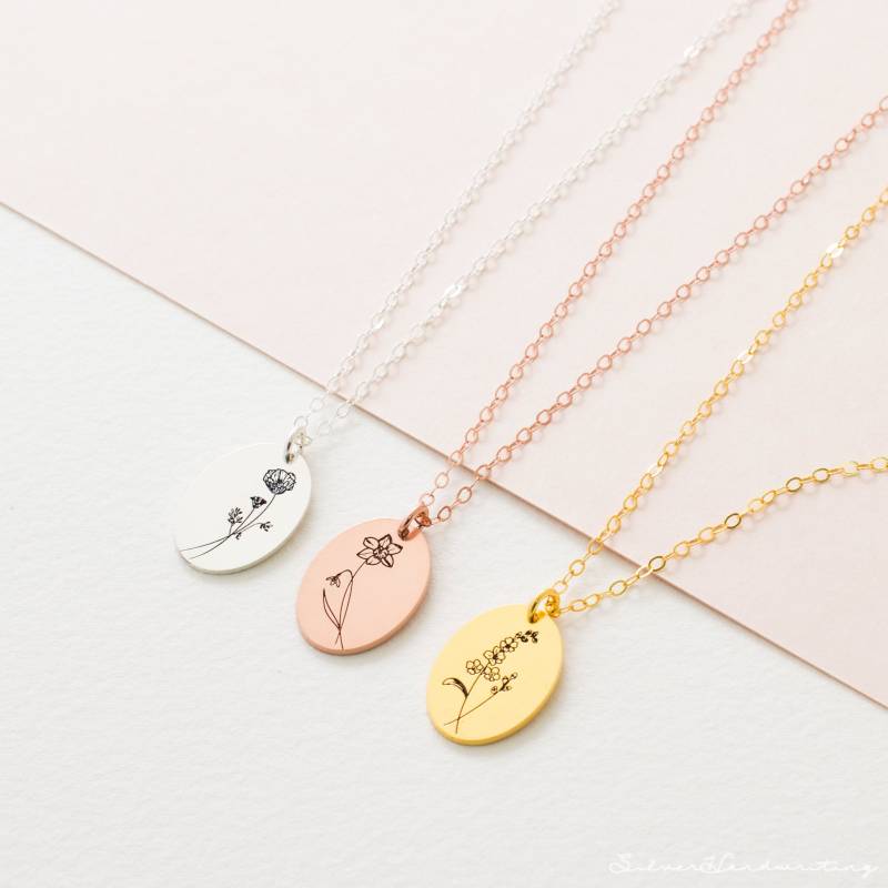 Benutzerdefinierte Oval Blumen Halskette Personalisierte Geburt Blume Anhänger Mütter Geschenk Für Freundin Nm48B von SilverHandwriting