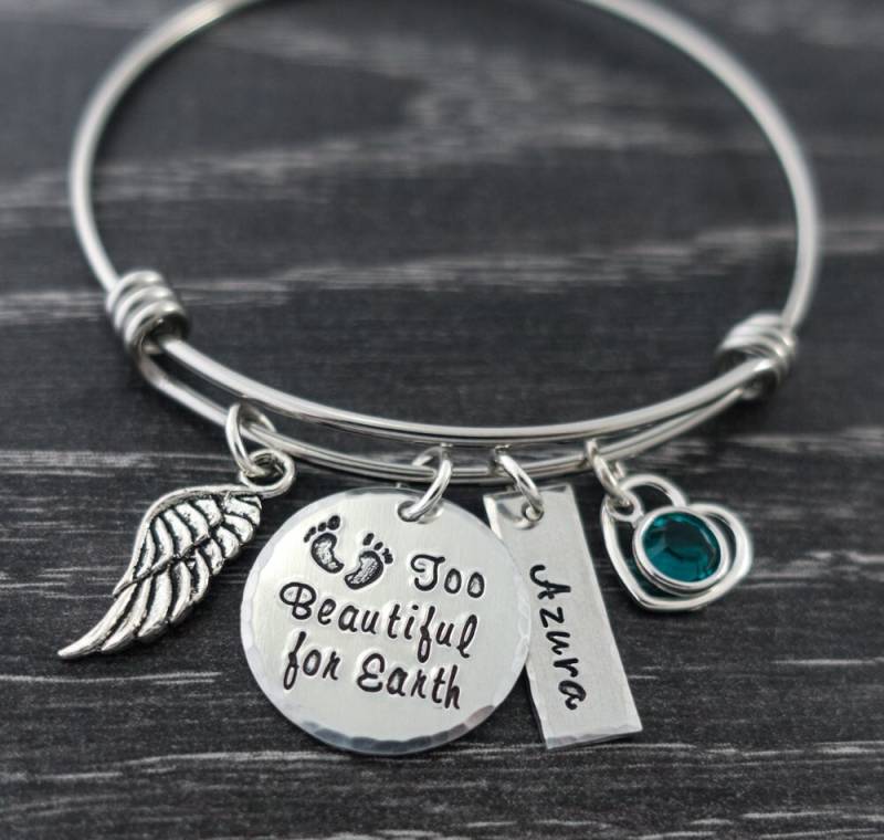 Draht Armreif - Zu Schön Für Die Erde/Fehlgeburt Schmuck Säugling Verlust Mama Eines Engels Personalisierte Hand Gestempelt Armband von SilverImpressions