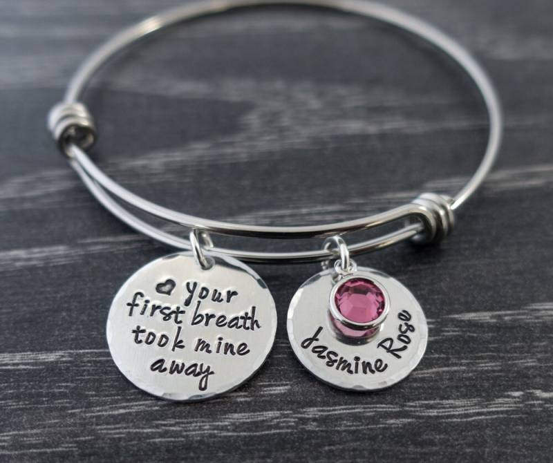 Personalisierte Mutter Armband - Name Dein Erster Atem Nahm Meinen Weg Bettelarmband New Mom Birthstone von SilverImpressions