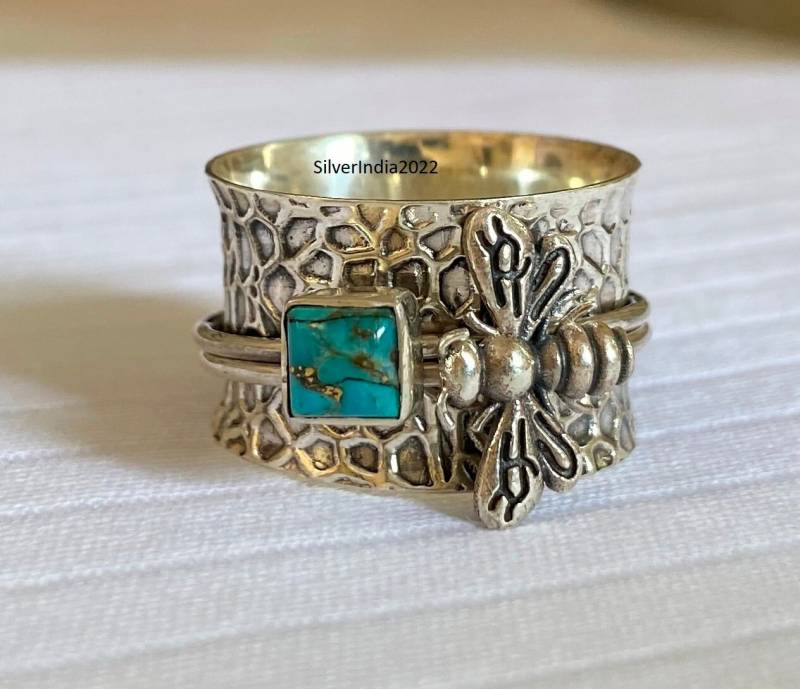 Kupfer Türkis Honig Biene Spinner Ring, 925 Sterling Silber Meditation Schmuck Sorgen Angst Schöner von SilverIndia2022