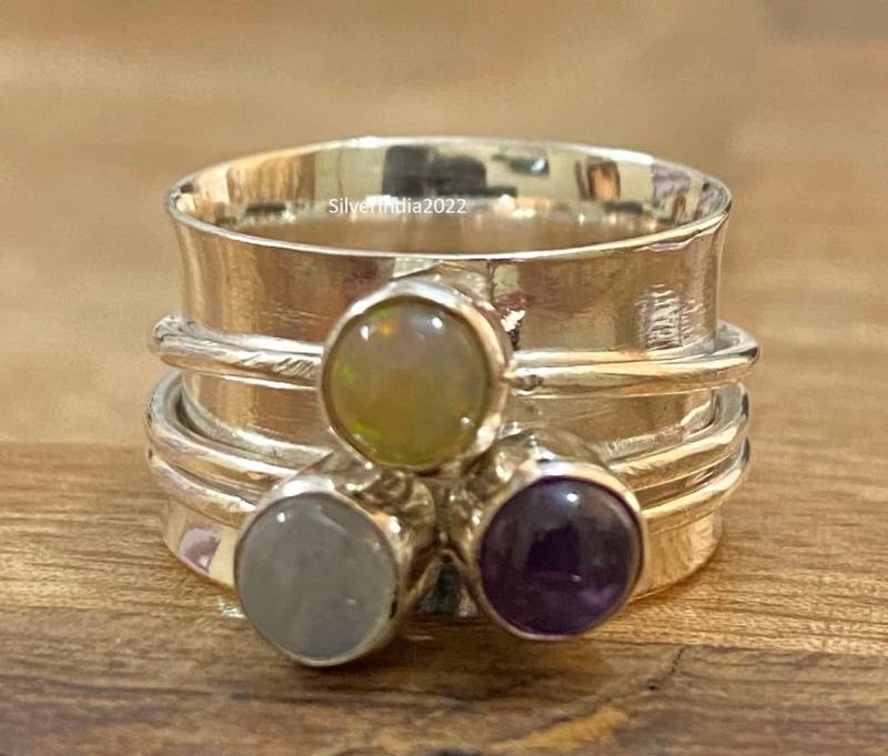Opal Ring, Edelstein Mondstein Amethyst Handgemachter Spinner Angst Fidget Frauen Geschenk Für Sie von SilverIndia2022