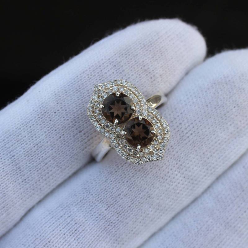 Rauchquarz Ring Natur Edelstein 925 Sterling Silber Rund Form Handgefertigter Minimalist Versprechen Weihnachtsring Solitär von SilverJewellersUS