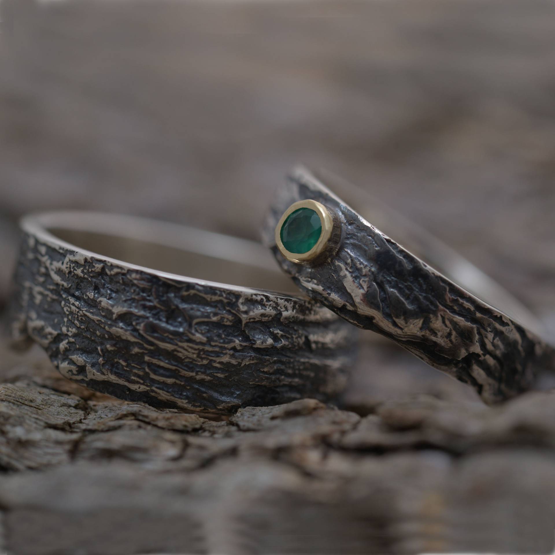 Grüner Onyx Baumrinde Ehering Set, Sterling Silber & Gold 14Kt Passende Eheringe, Be173 von SilverJewellerySpot