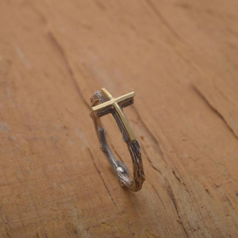 Kreuz Zweig Ring, Oxidiertes Sterling Silber & 14Kt Gold, Da138 von SilverJewellerySpot