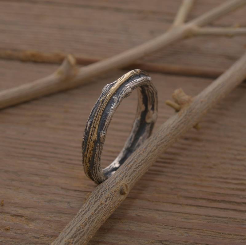 Zweig Silber & Gold 14Kt Ring, Baumrindenband, Da366 Zweig Silber & Gold 14Kt Ring, Baumrindenband, Da366 von SilverJewellerySpot