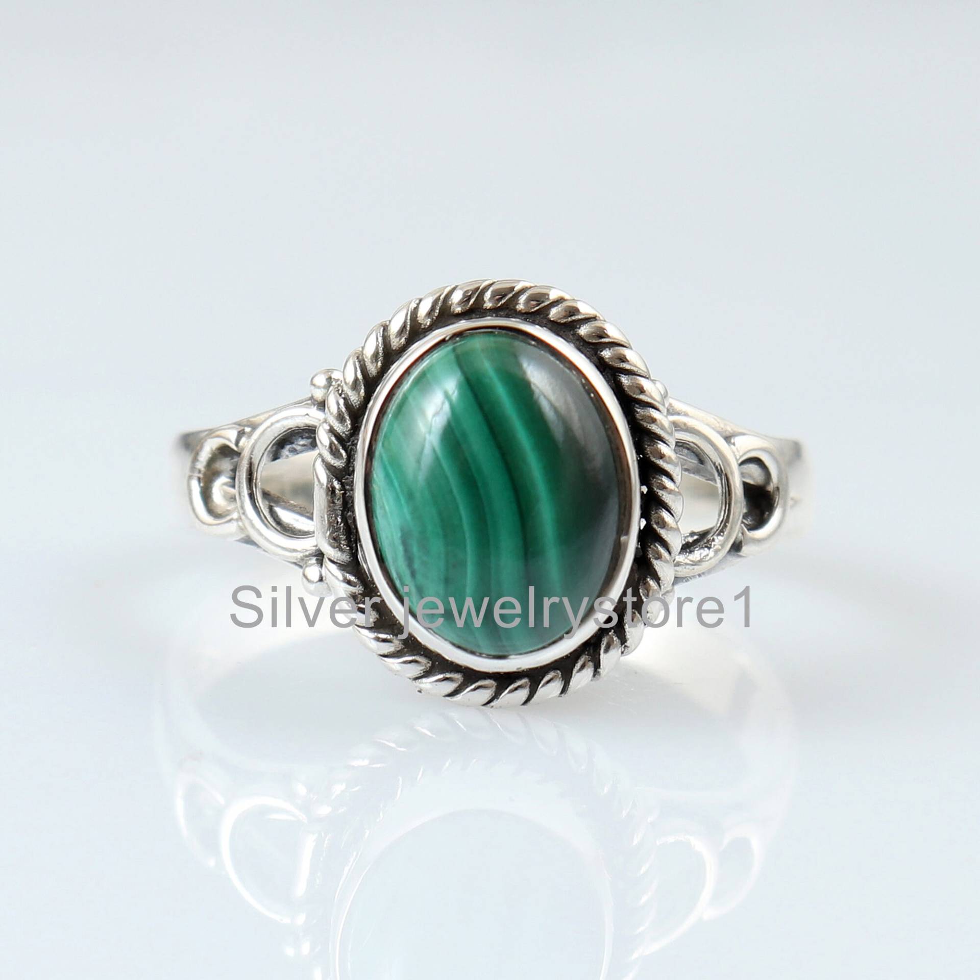 925 Sterling Silber Ring, Natürlicher Malachit 7x9 Mm Grüner Oval Edelstein Geschenkring, Frauen Ringe von SilverJewelryStore1