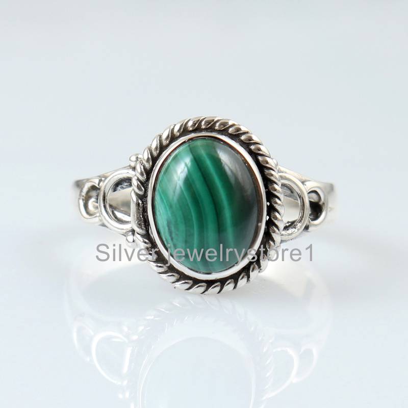 925 Sterling Silber Ring, Natürlicher Malachit 7x9 Mm Grüner Oval Edelstein Geschenkring, Frauen Ringe von SilverJewelryStore1