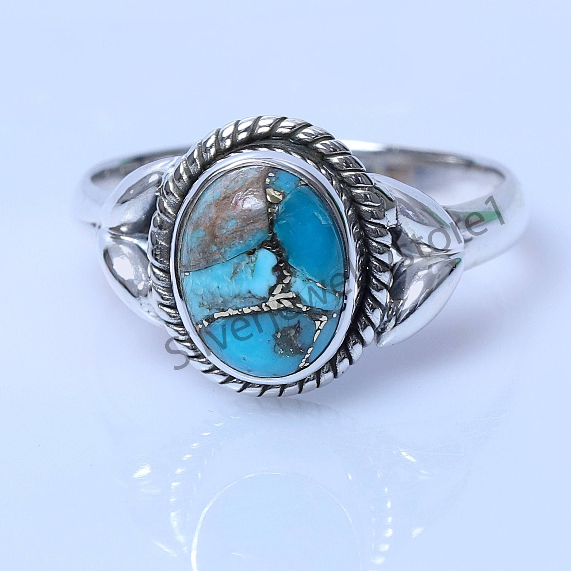 Blauer Kupfer Türkis Ring, 925 Silber Boho Schmuck, Handgemachter 7x9 Mm Oval Frauen Geschenk Ring von SilverJewelryStore1