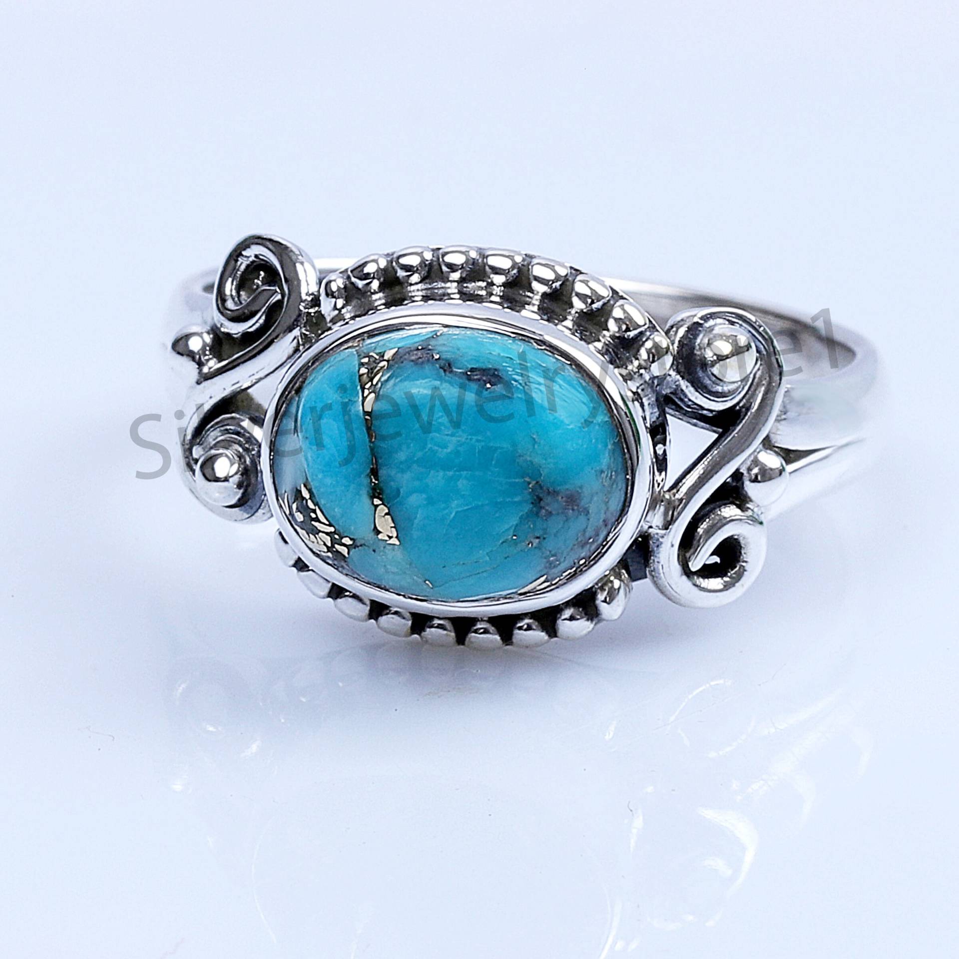 Blauer Kupfer Türkis Ring, 925 Silber Boho Schmuck, Handgemachter 7x9 Mm Oval Frauen Ring von SilverJewelryStore1