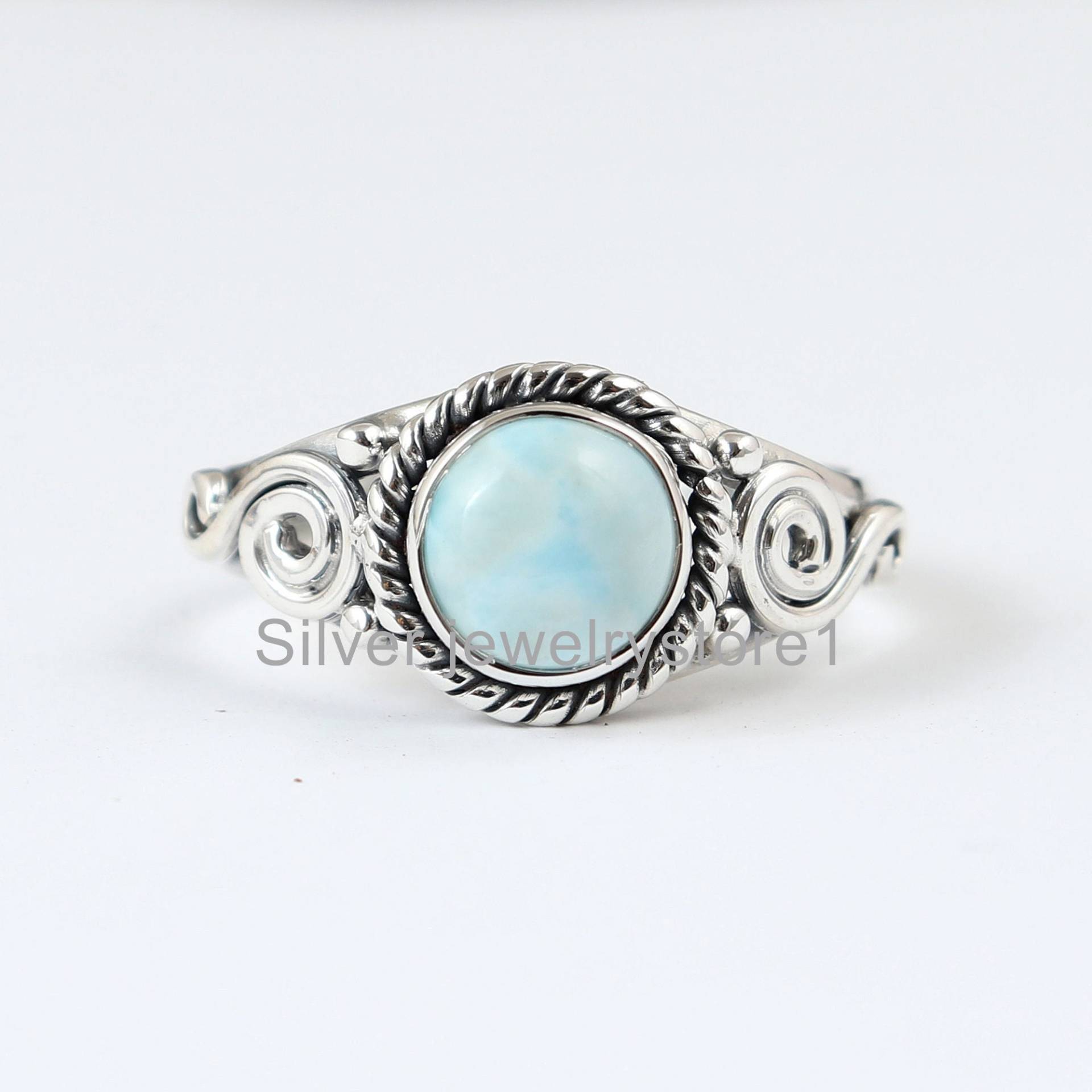 Boho Ring, Larimar 925 Silber 7 Mm Rund Edelstein Statement Frauen Natürlicher Larimar, Handgemachte Ring Geschenke von SilverJewelryStore1