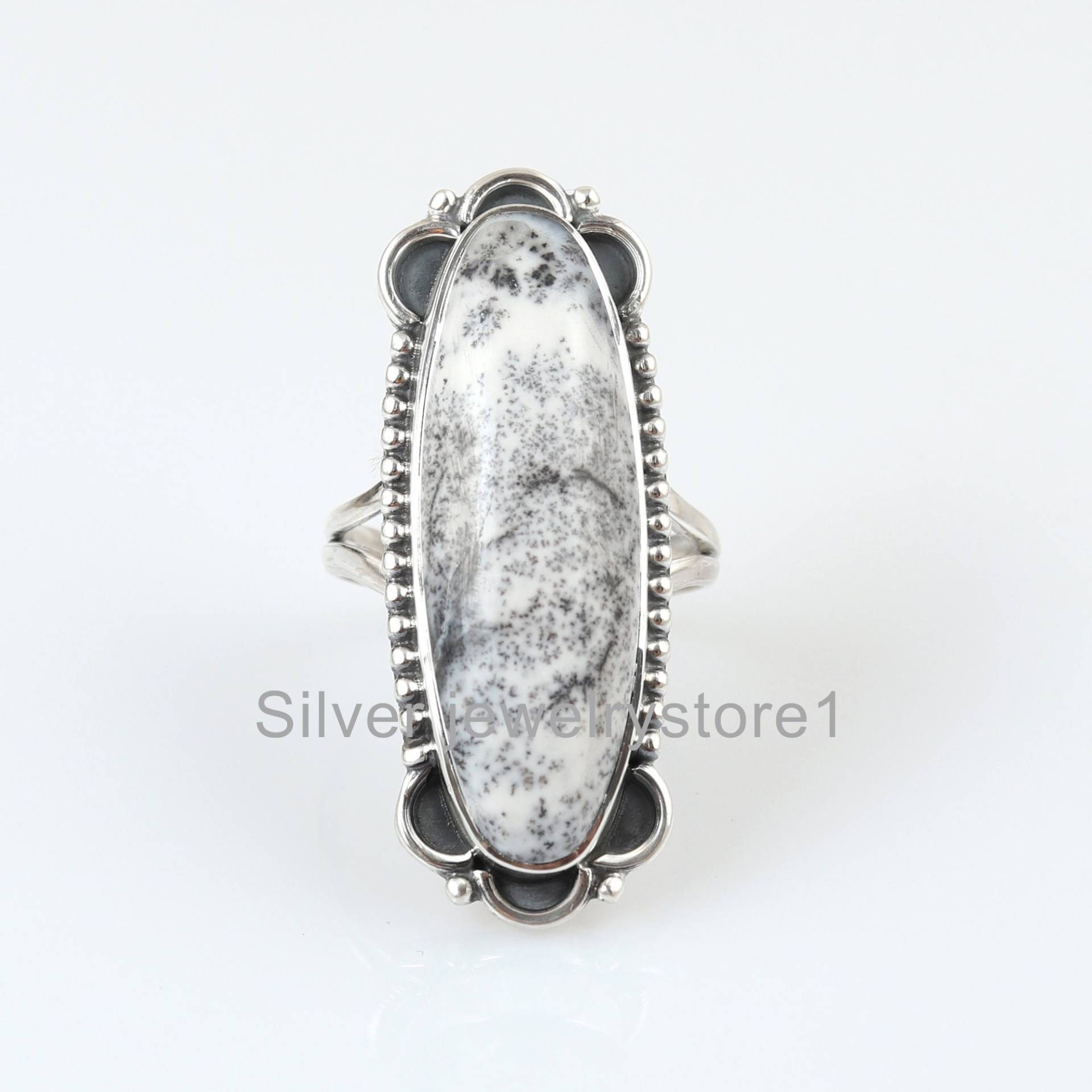 Dendrit Opal Ring, 925 Sterling Silber Weißer Langer Oval Antiker Frauen Großer Stein Geschenk Für Sie von SilverJewelryStore1