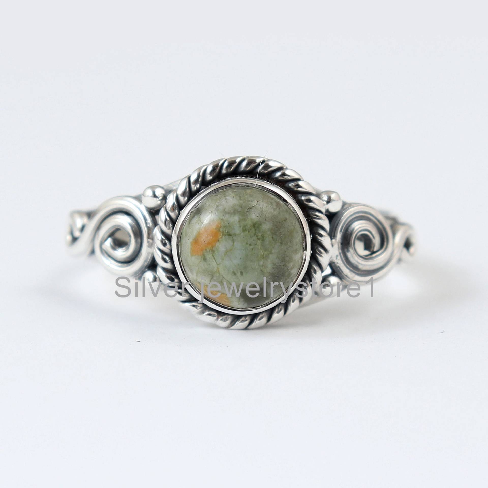 Echter Regenwald-Jaspis 925 Sterling Silber, Regenwald-Ring, Bio-Ring, Silberring, Natürlicher Runder Edelstein-Ring, Damen-Ring, Handgefertigt von SilverJewelryStore1