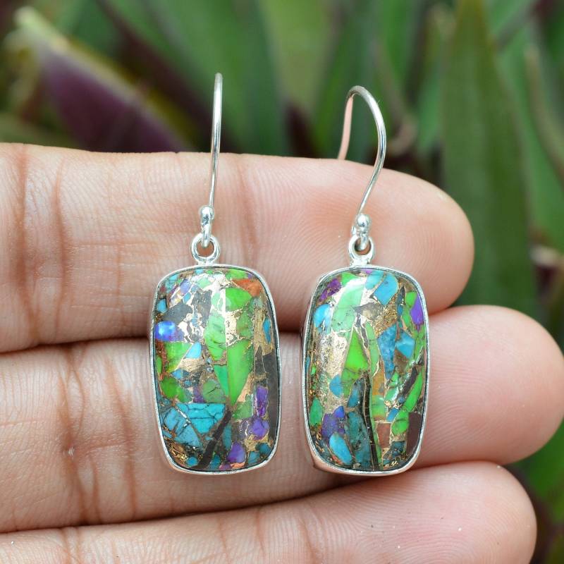 Multi Kupfer Türkis Ohrringe, Sterling Silber 12 X 20 Mm Kissen Edelstein Handgefertigte Damen Ohrringe von SilverJewelryStore1