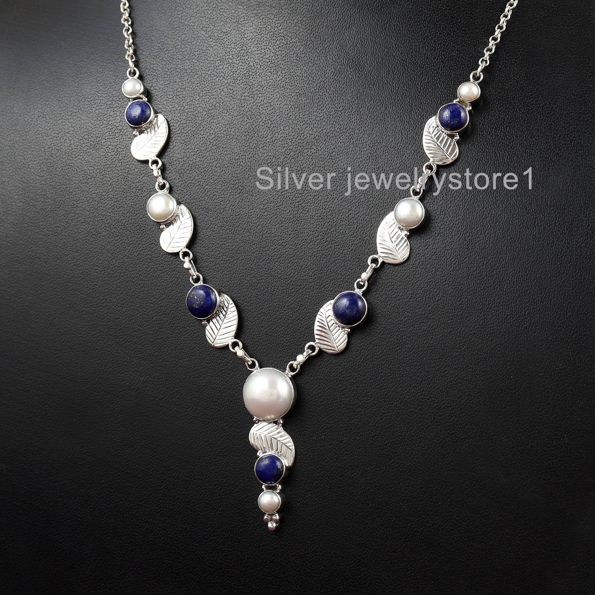 Natürlicher Lapis Lazuli Mit Süßwasser Perle Halskette, 925 Sterling Silber Edelstein Frauen Oxidierte Halskette von SilverJewelryStore1