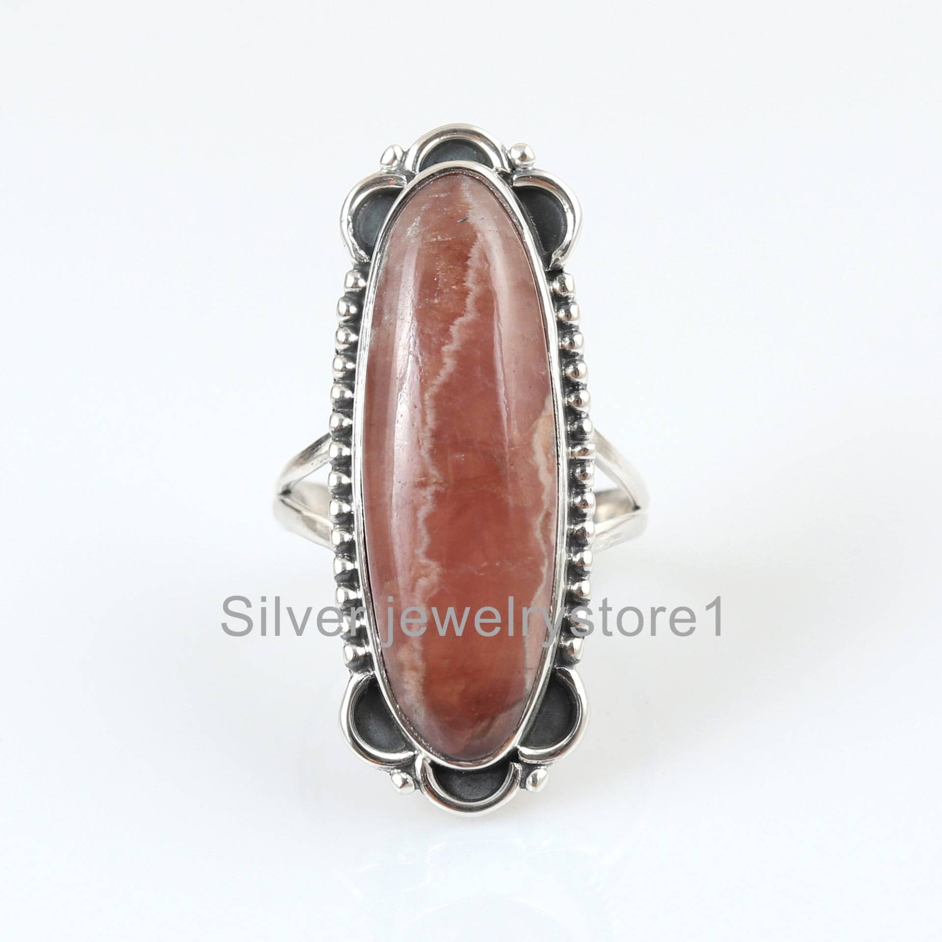 Naturstein-Ring, Rhodochrosit-Ring, 10x30 Mm Langer Ovaler Ring, Natürlicher Edelstein-Ring, 925-Silber-Ring, Großer Stein-Ring, Damenring von SilverJewelryStore1