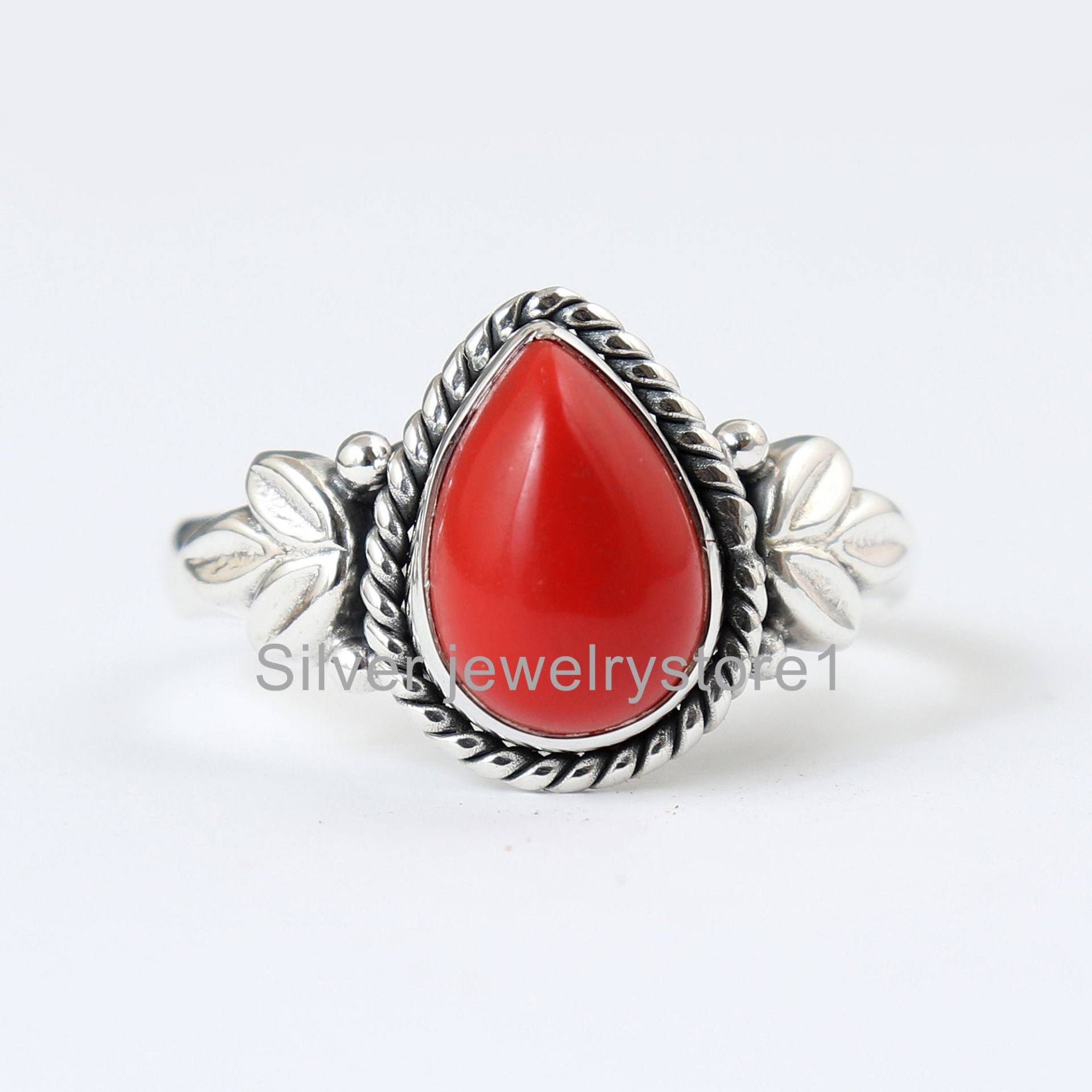 Roter Korallenring, Birnenförmiger Edelsteinring, 925Er Silberring, Roter Korallenschmuck, Handgefertigter Ring, Frauen-Geschenkring von SilverJewelryStore1