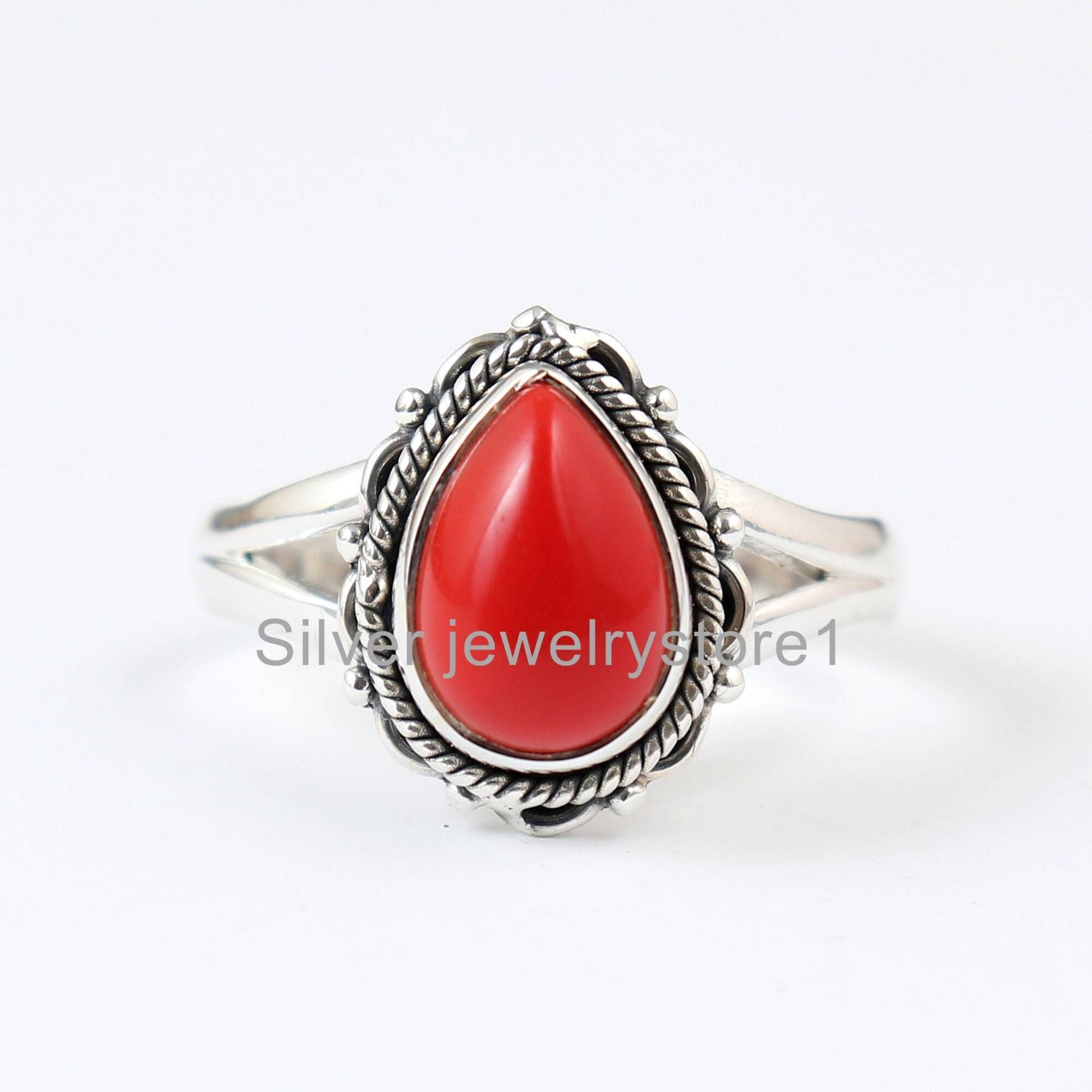 Roter Korallenring, Antiker Ring, 925Er Silberring, Birnensteinring, Birnenformring, Geschenk Für Sie, Ehering, Im Angebot von SilverJewelryStore1