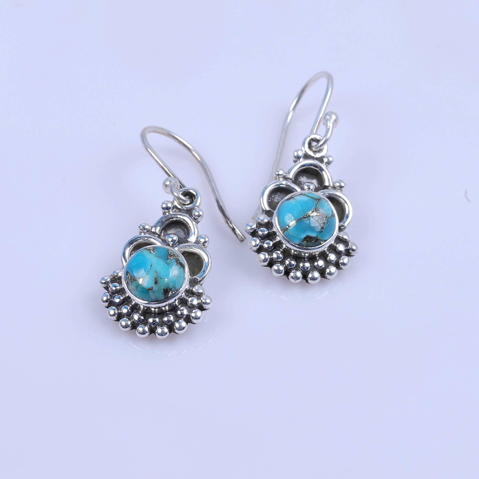 Türkise Ohrringe, 925 Sterling Silber Blauer Kupfer Türkis 6 Mm Runder Edelstein Baumeln, Zierliche Ohrringe von SilverJewelryStore1