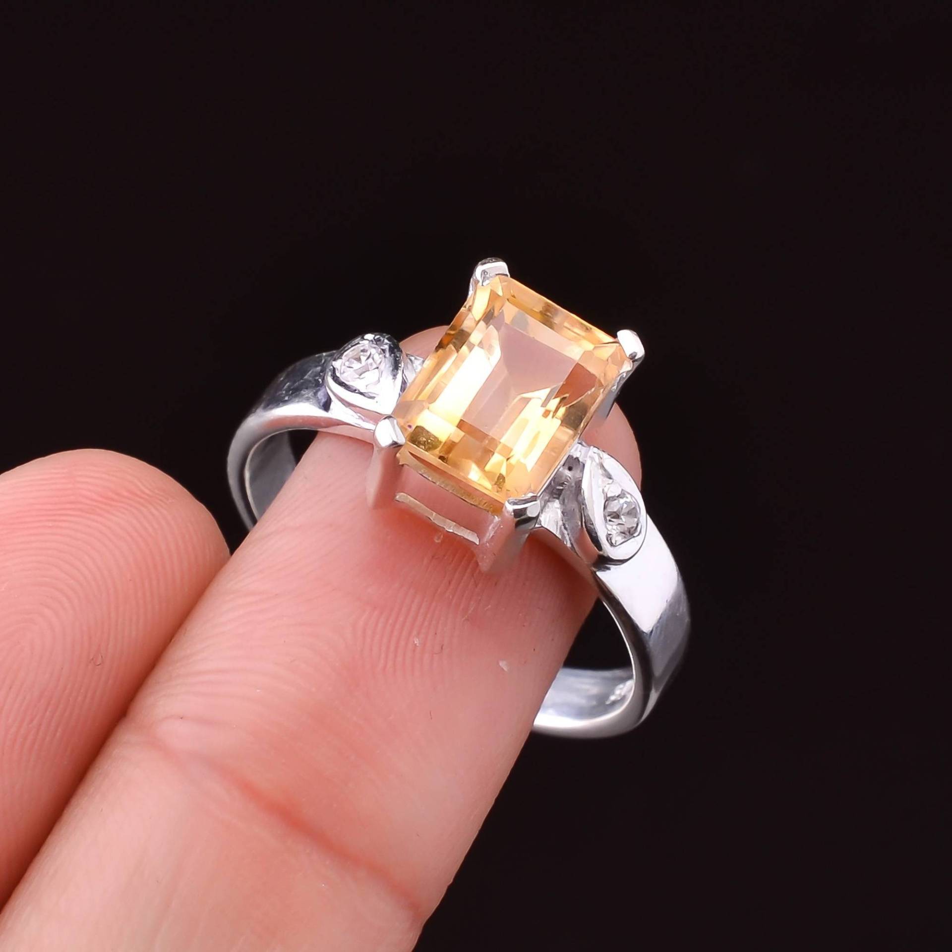 925Er Massiv Sterling Silber Ring Natürlicher Gelber Zitrin Mit Zirkonia - Handgefertigter November Birthstone von SilverJewelryking