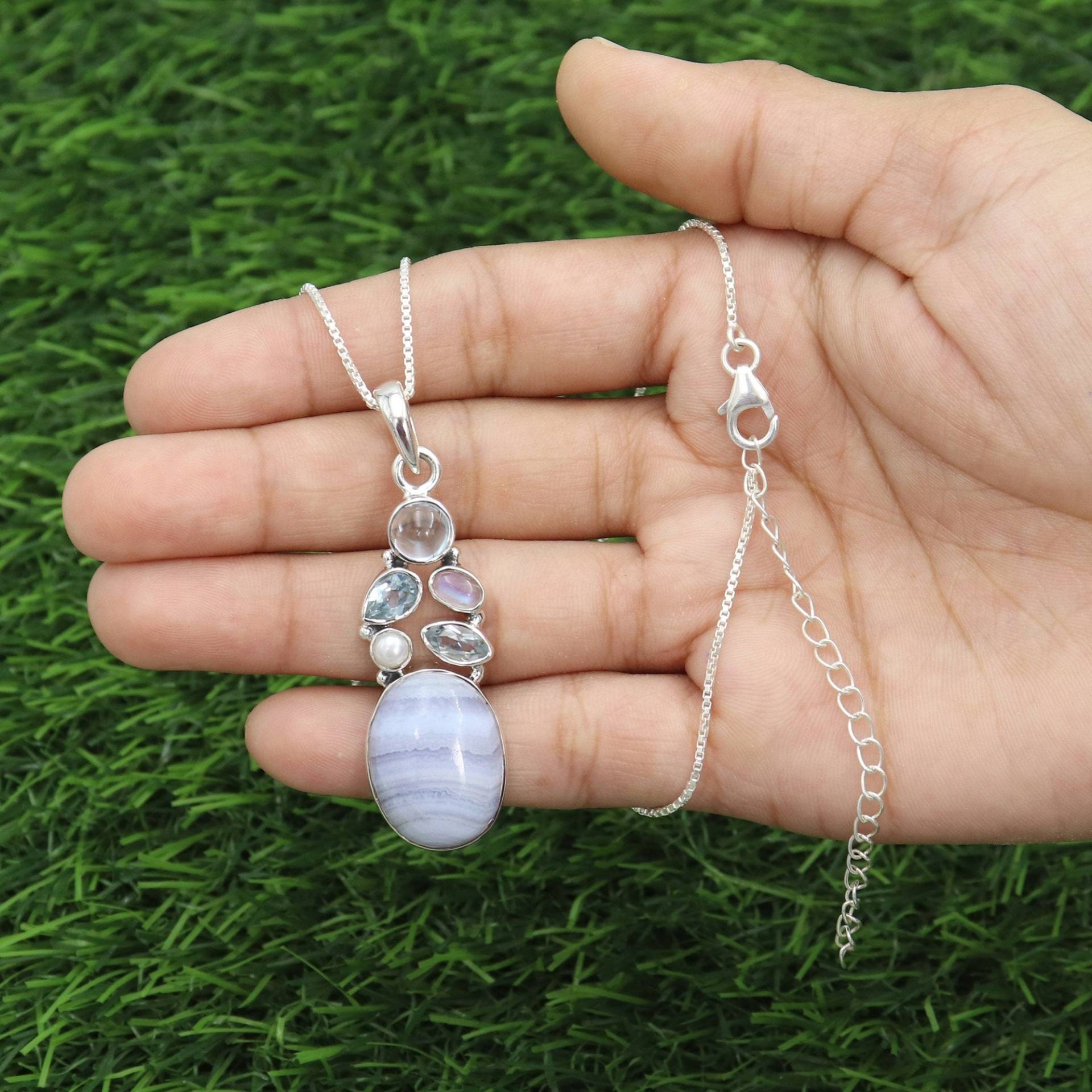 Blaue Spitze Achat Sterling Silber Halskette, Mondstein Perle Anhänger von SilverJewels2002