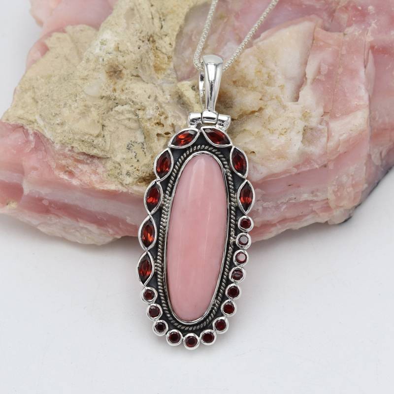 Handgefertigter Granat & Pink Opal Sterling Silber Anhänger von SilverJewels2002