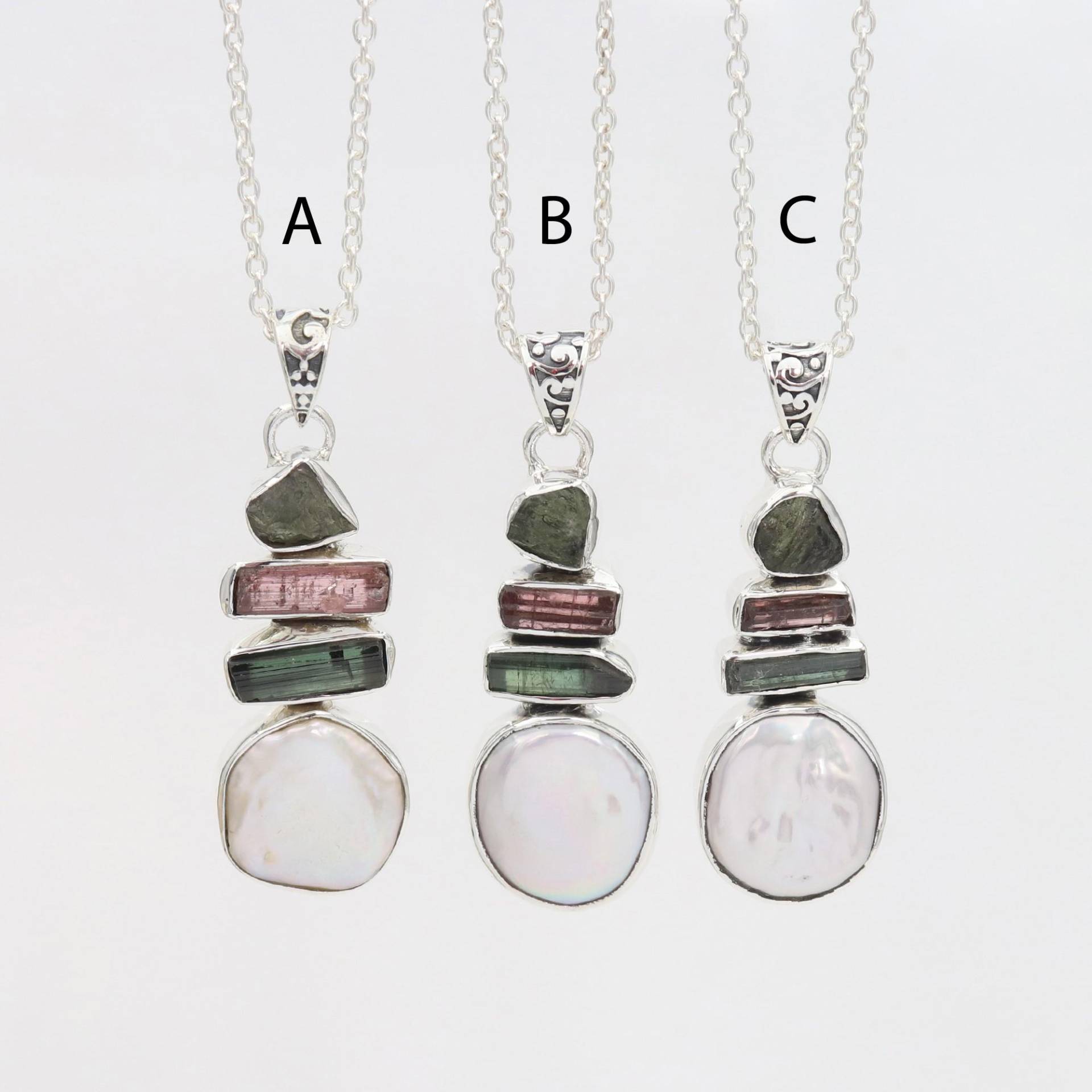 Moldavit Sterling Silber Anhänger Halskette, Turmalin Perle Edelstein von SilverJewels2002