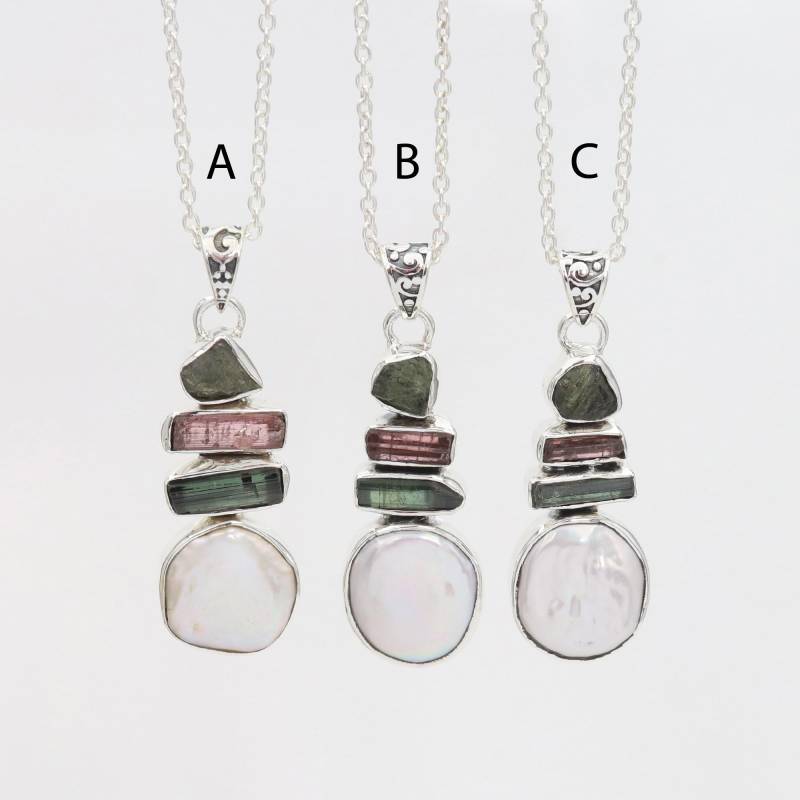 Moldavit Sterling Silber Anhänger Halskette, Turmalin Perle Edelstein von SilverJewels2002