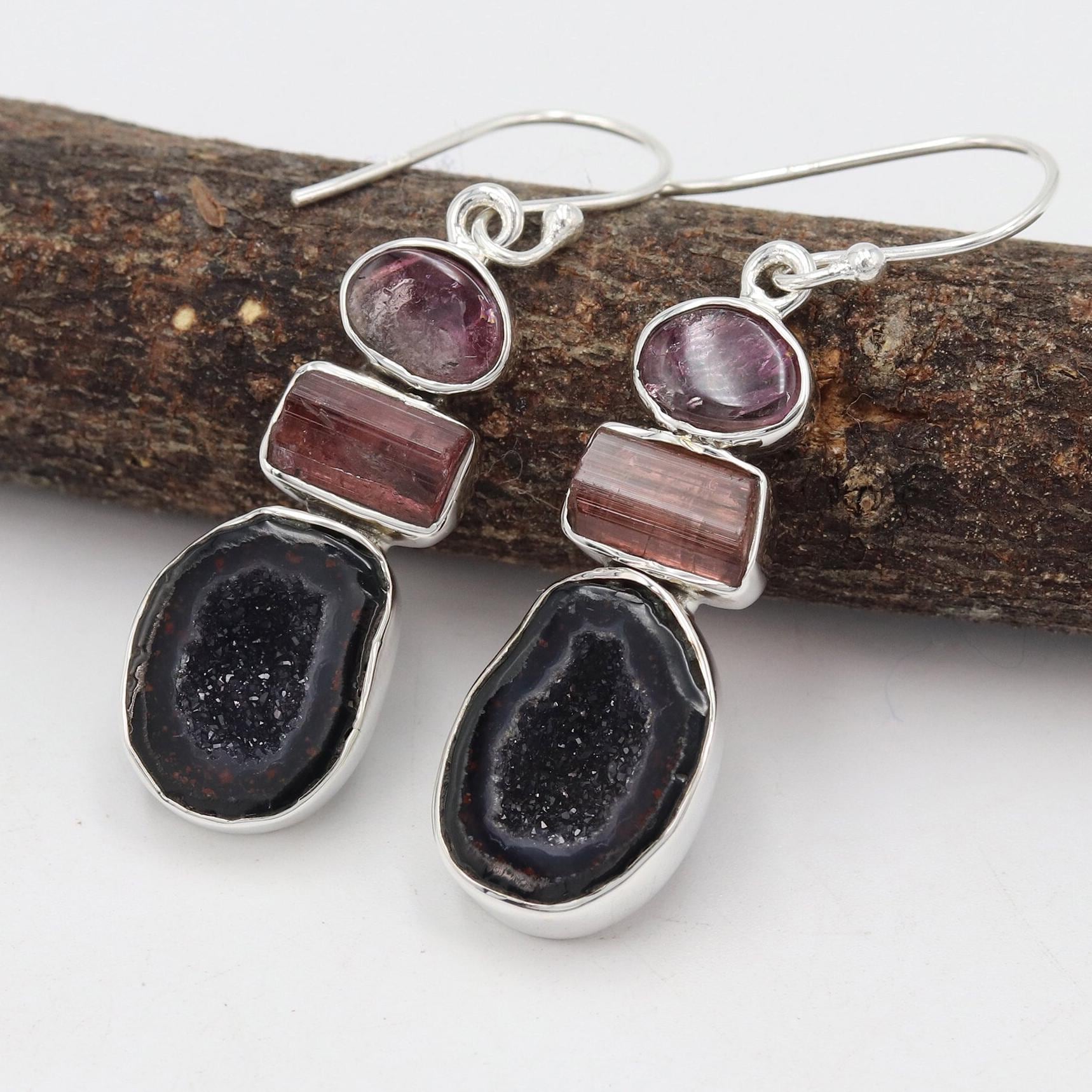 sterling Silber Tabasco Geode Ohrringe, Turmalin Edelstein von SilverJewels2002