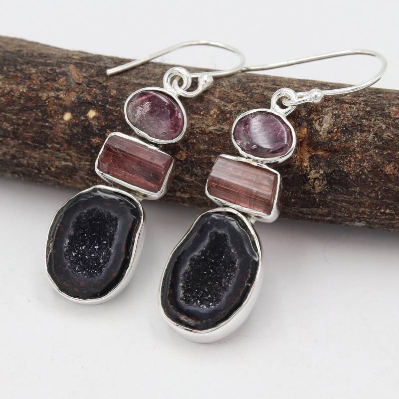 sterling Silber Tabasco Geode Ohrringe, Turmalin Edelstein von SilverJewels2002