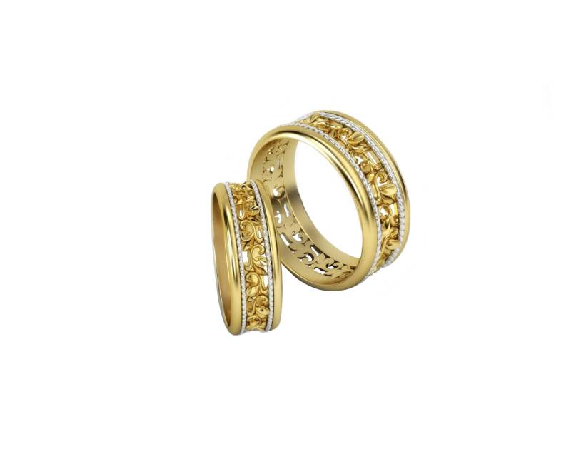 Paar Massive 14K Gold Eheringe, Verlobung Geschnitzt Paisley Zwei Farben & Weißgold Ringe, Versprechen Bänder von SilverLabCreations