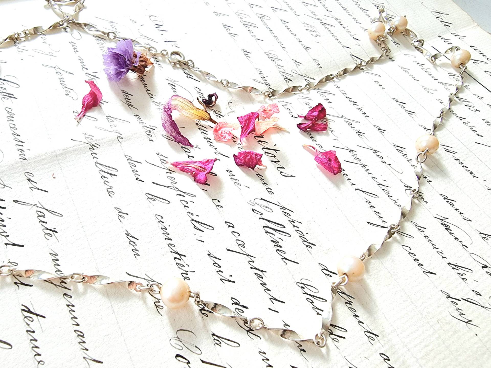 835 Silber 60Er Jahre Twist Mid-Century Halskette Mit Perlen, 78cm Lange Kette, Feine Perlenkette, Zierliche Midmod Gliederkette, Boho Mode von SilverLakeHouse