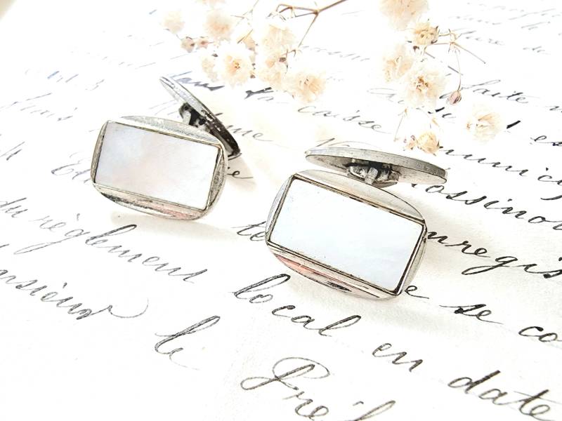 Schlichte Art Deco Manschettenknöpfe, Perlmutt Intarsien Eckig, Damen Herren Mode Accessoire, Dapper Dandy Retro Eleganz 80Er New Romantics von SilverLakeHouse