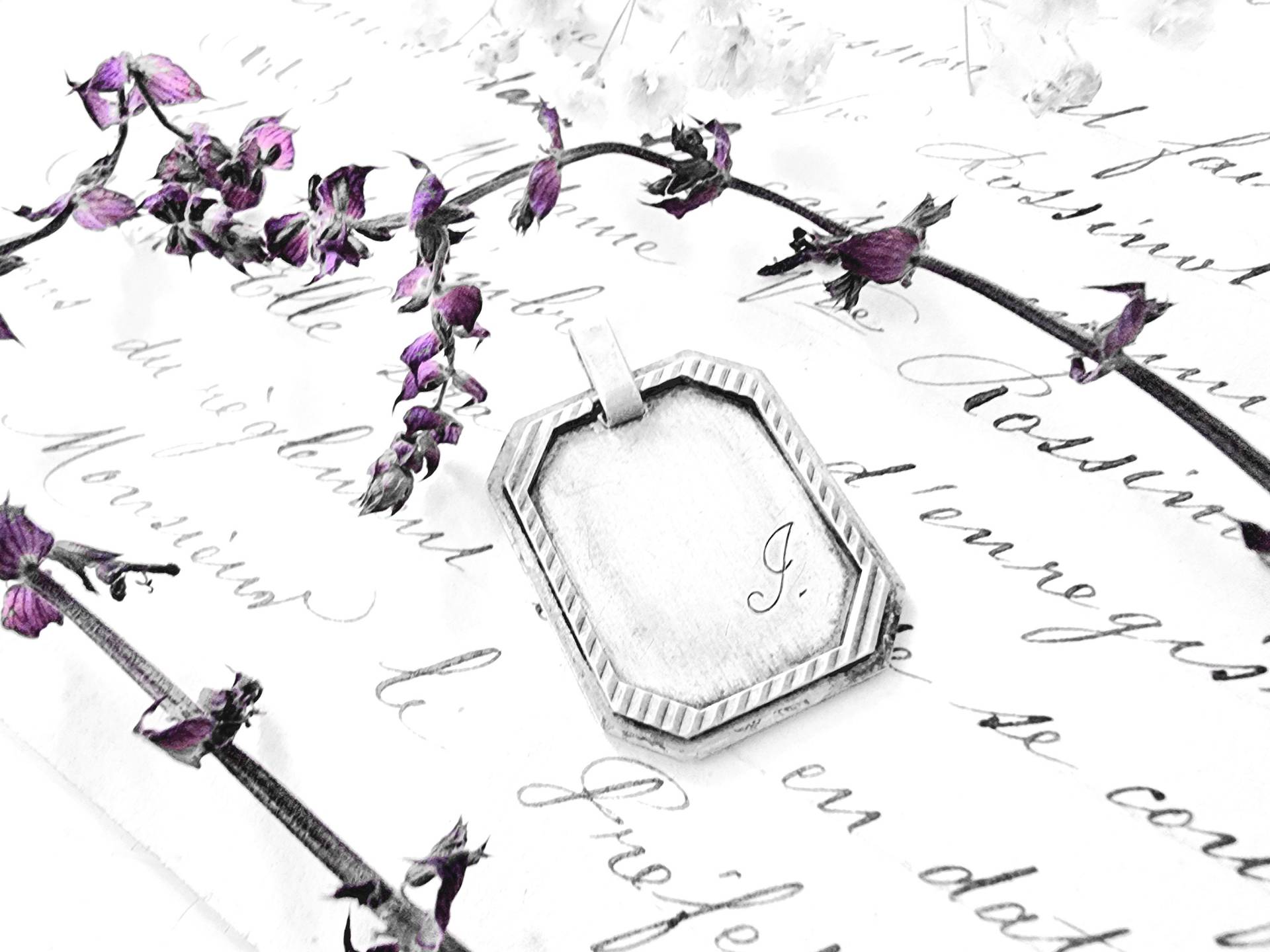 Vintage 925 Silber Amulett Kettenanhänger, Buchstabe I Oder J Gravur, Eckige Gravurplatte, Mid-Century Biker Anhänger, Damen Herren Unisex von SilverLakeHouse