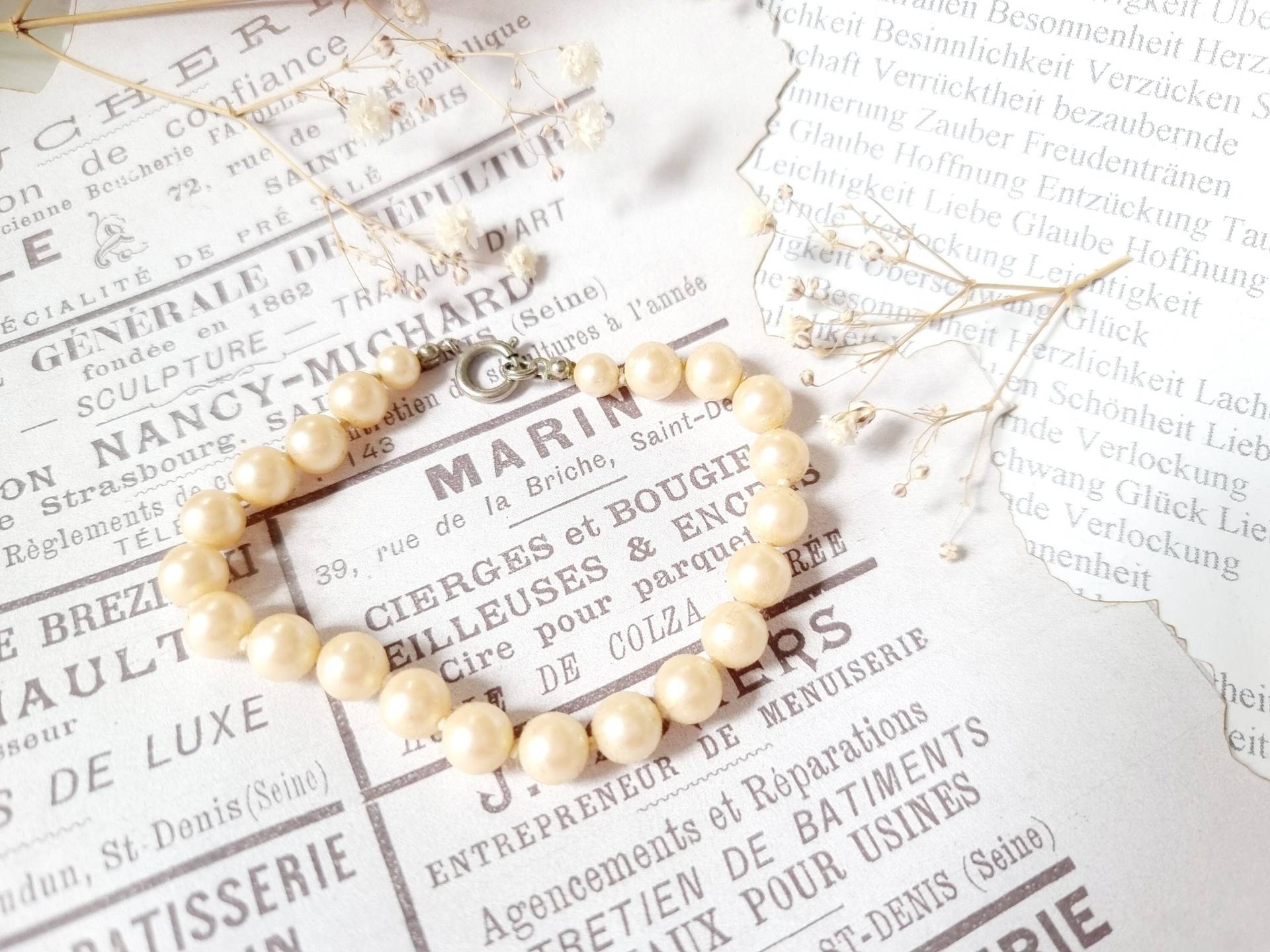 Vintage Perlenarmband 50Er 60Er, Mid-Century Armschmuck, Handkette Champagner Farbene Kunstperlen, Mid-Mod Schmuck, Boho Armband Creme-Weiß von SilverLakeHouse