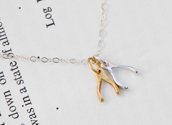 Kleine Wishbone Halskette, Mixed Metal Wishbones in Massivem Sterling Silber Und Vermeil Gold, Schmuck, Alltägliche Halskette von SilverLotusDesigns