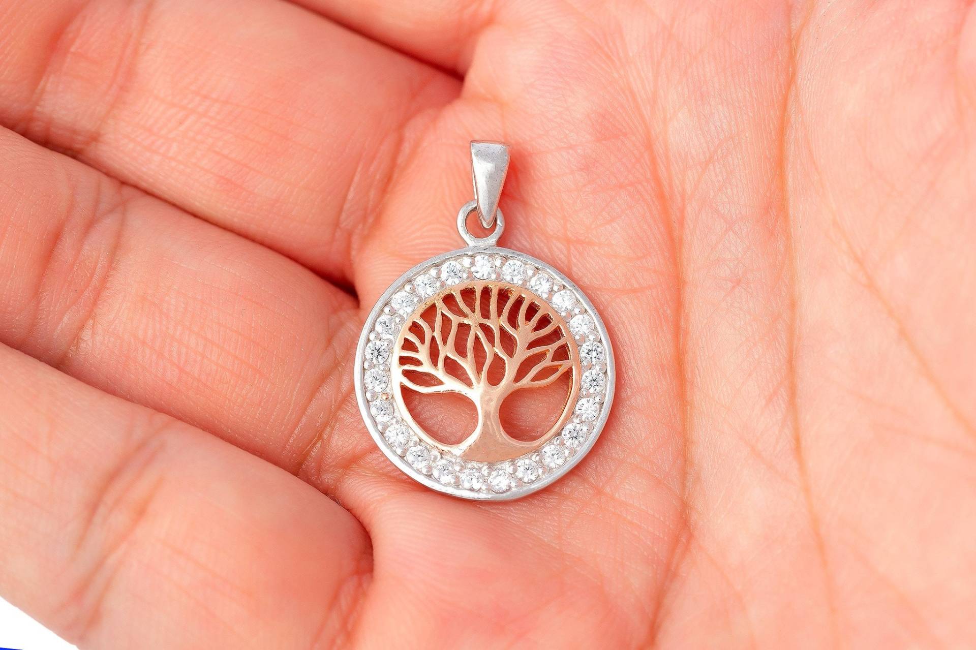 Rose Gold Plated Viking Yggdrasil Tree Of Life With Clear Cubic Zirconia Sterling Silver Solid Charm Pendant Rose Gold Plated Viking Yggdrasil Tree Of Life With Clear Cubic Zirconia Sterling Silver Solid Charm Pendant von SilverManiaUK