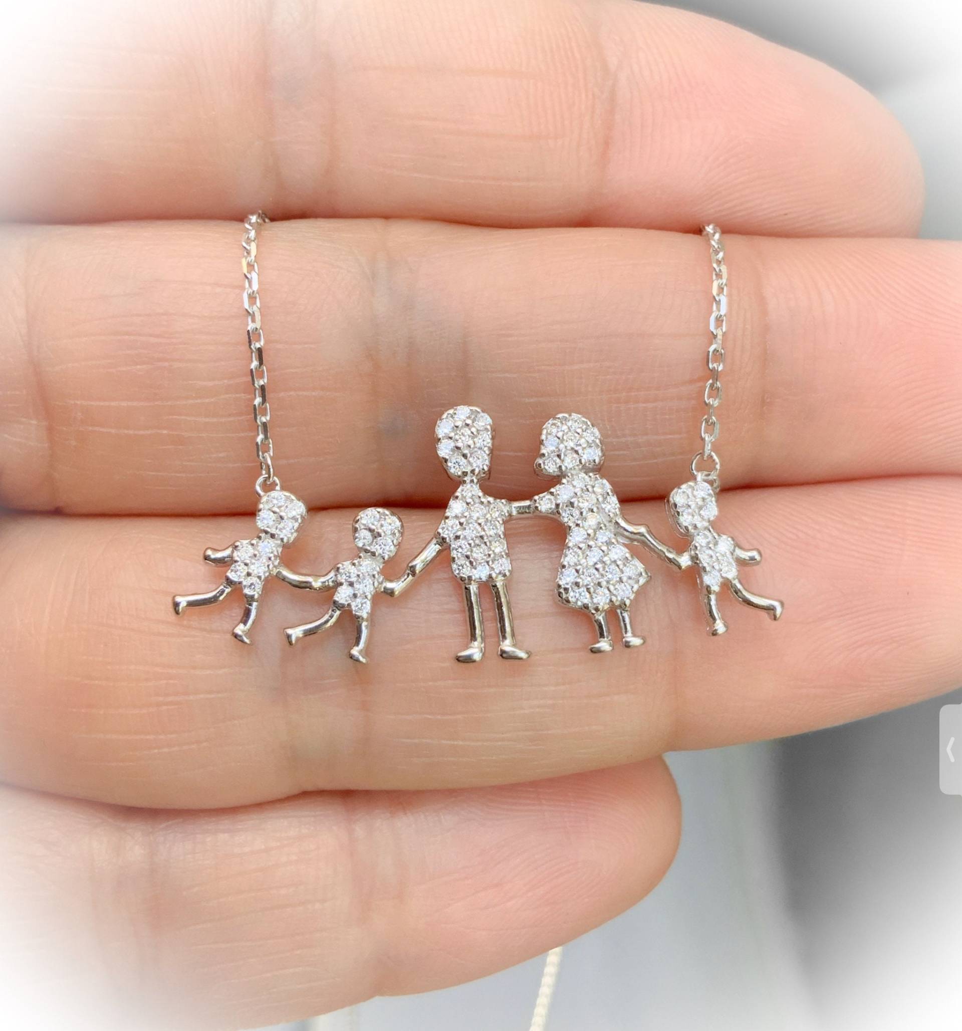 Silber Familie Silhouette Halskette/Pave Cz Strichmännchen Dad Mom 3 Kinder Mutter Vater Jungen Eltern Weihnachtsgeschenk von SilverPartyIsland