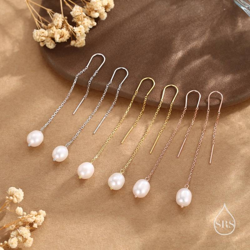 Echte Süßwasser-Zuchtperlen U-Form Threader Ohrringe in Sterling Silber, 9 cm Ohr-Fädler, Lange Threader, Natürliche Tropfen Perle Ohr-Threader von SilverRainSilver