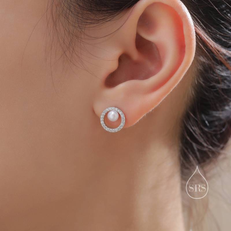 Pave-Kreis Mit Natürlichen Perlen Ohrstecker in Sterling Silber, Gold Oder Rose Gold, Cz Pave, Echte Süßwasserperlen von SilverRainSilver