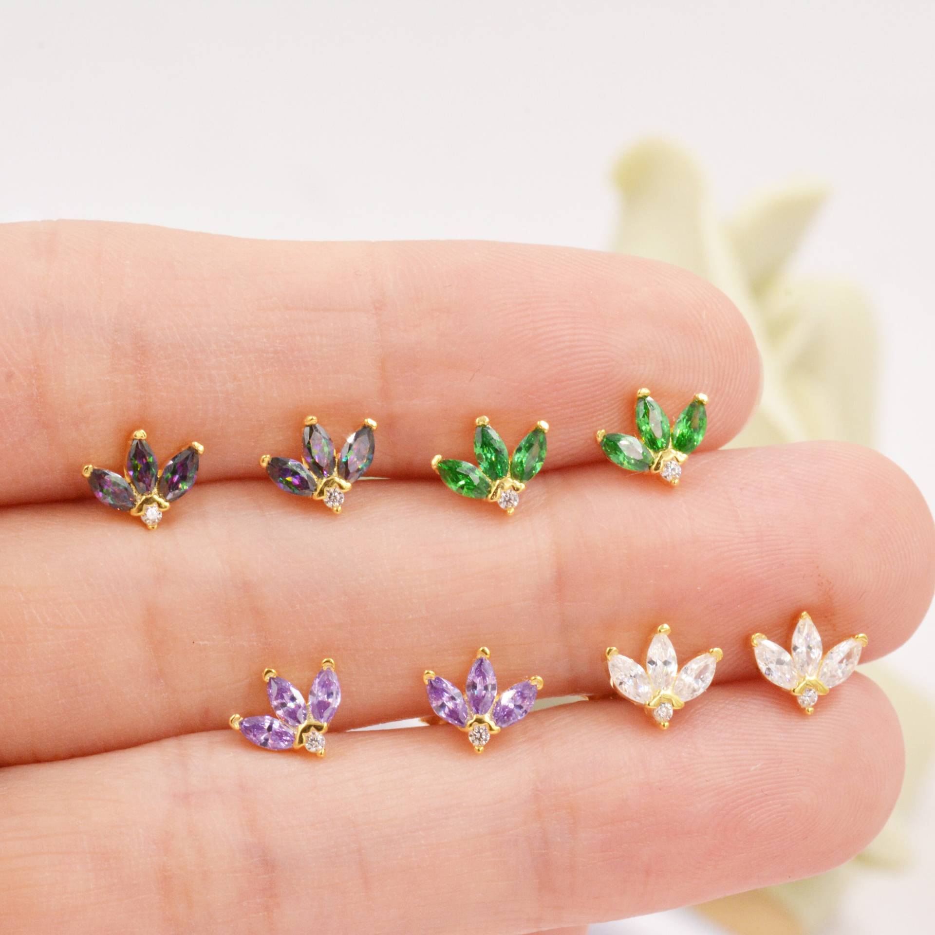 sterling Silber Cz Marquise Cluster Ohrstecker, Gold Oder Silber, Fächer Kronen Drei Ohrstecker - Mehrfarbig von SilverRainSilver