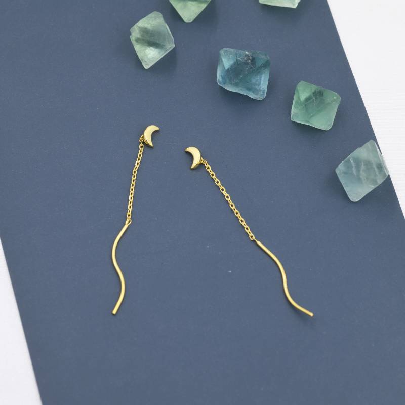 sterling Silber Mondsichel Ohrringe, Swirl Moon Threader, Elegant Und Hübsch, Minimalistisch Geometrisch von SilverRainSilver